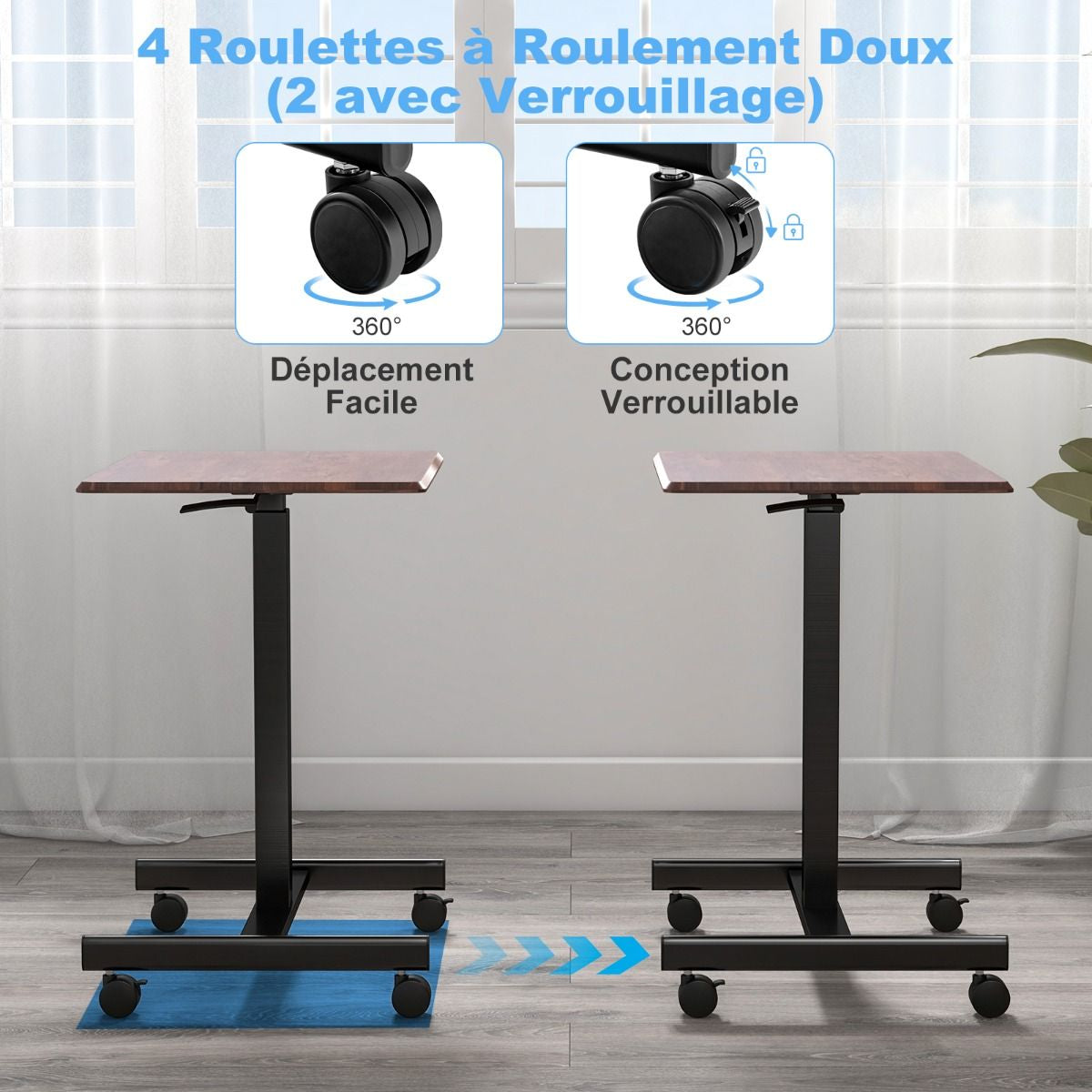 Bureau Assis Debout Mobile Bureau D’Ordinateur Réglable En Hauteur En Métal Poste De Travail Portable Avec Roulettes Marron Rustique/Noir