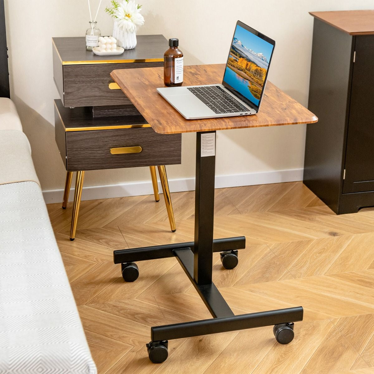 Bureau Assis Debout Mobile Bureau D’Ordinateur Réglable En Hauteur En Métal Poste De Travail Portable Avec Roulettes Marron Rustique/Noir