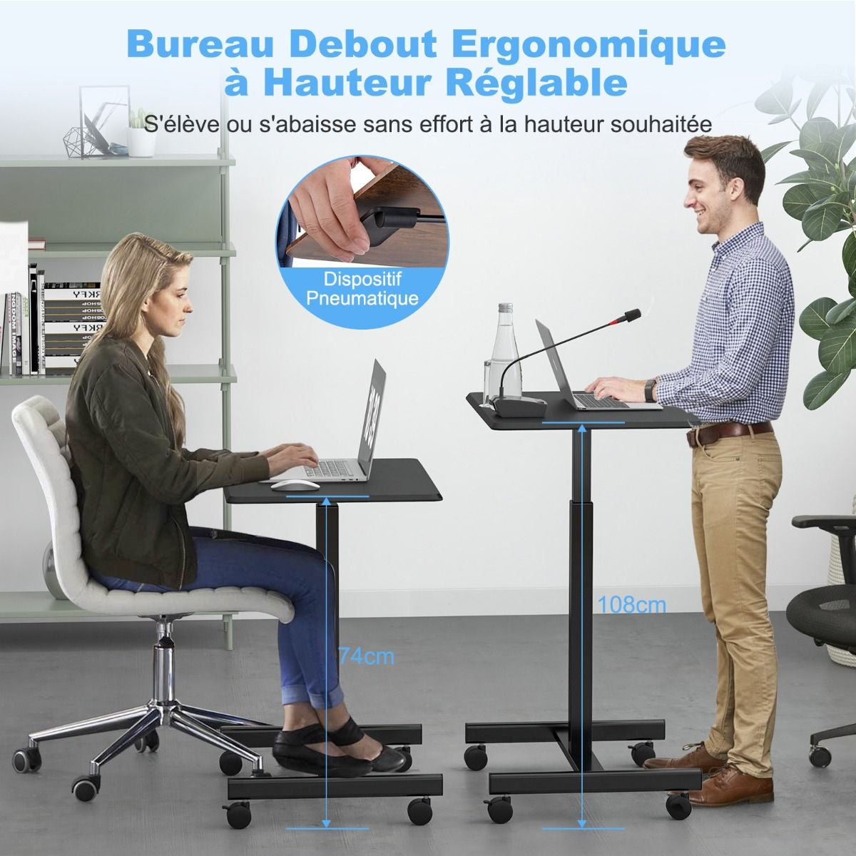 Bureau Assis Debout Mobile Bureau D’Ordinateur Réglable En Hauteur En Métal Poste De Travail Portable Avec Roulettes Marron Rustique/Noir