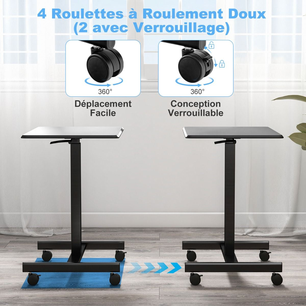 Bureau Assis Debout Mobile Bureau D’Ordinateur Réglable En Hauteur En Métal Poste De Travail Portable Avec Roulettes Marron Rustique/Noir