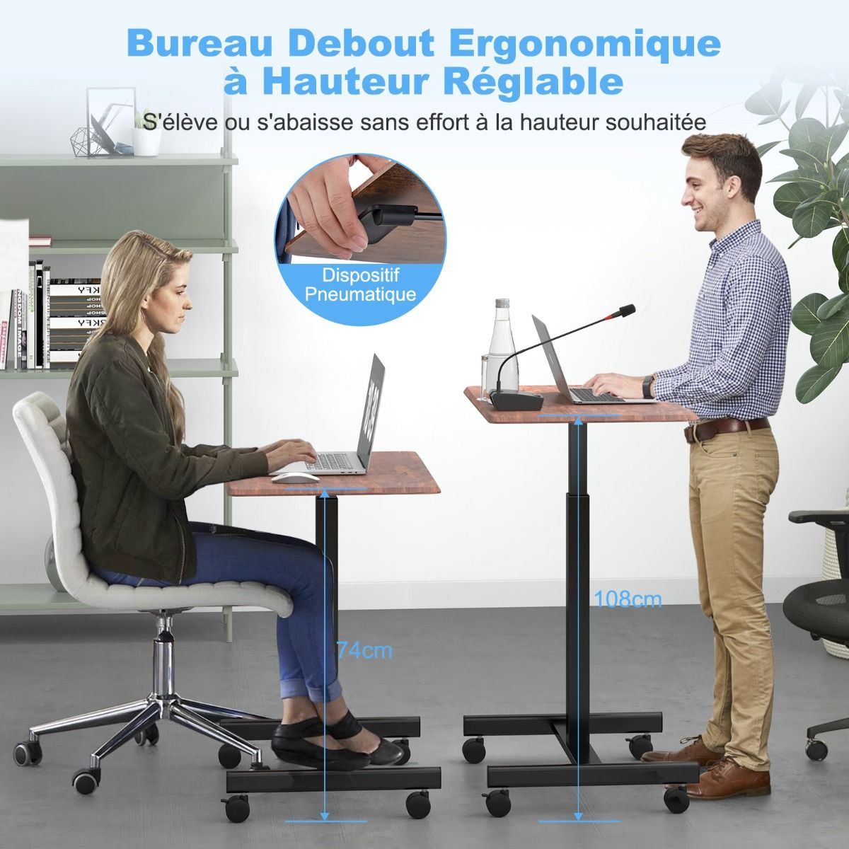 Bureau Assis Debout Mobile Bureau D’Ordinateur Réglable En Hauteur En Métal Poste De Travail Portable Avec Roulettes Marron Rustique/Noir