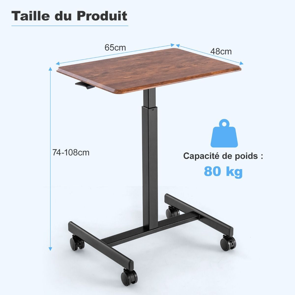 Bureau Assis Debout Mobile Bureau D’Ordinateur Réglable En Hauteur En Métal Poste De Travail Portable Avec Roulettes Marron Rustique/Noir
